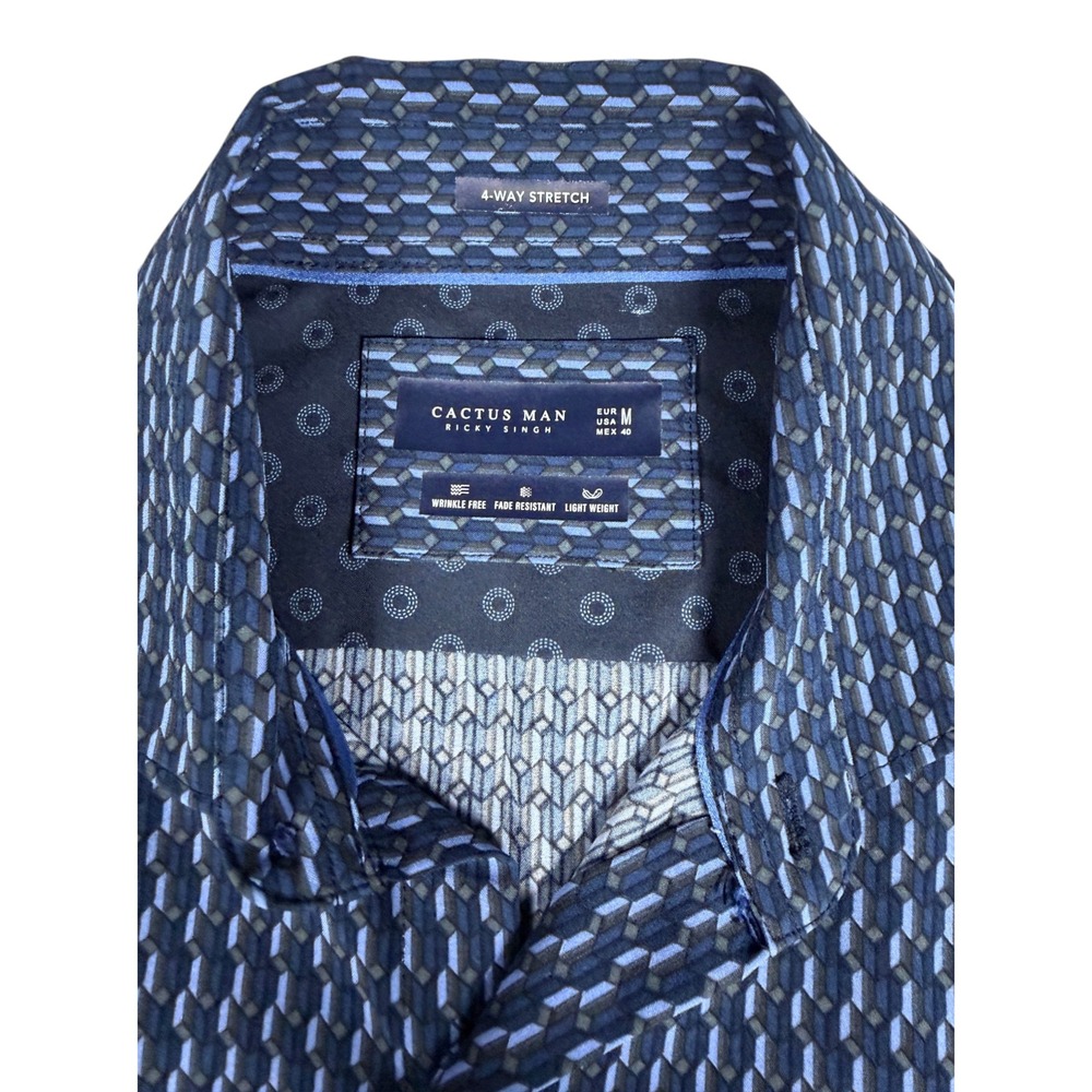 Cactus Man Ricky Singh Mens Blue Geometric 4-Way Stretch Short Sleeve Shirt M - Picture 2 of 4